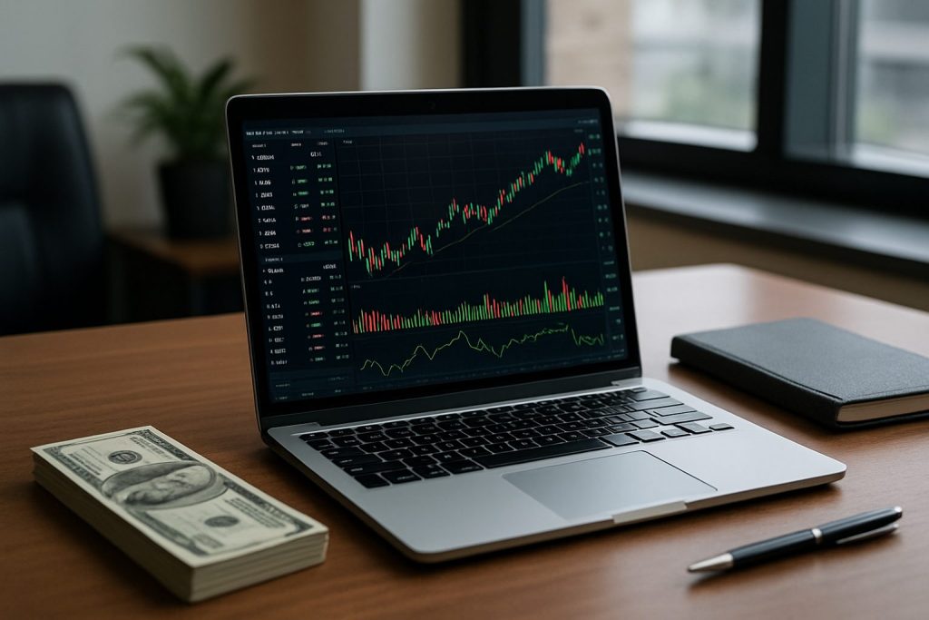 A laptop displaying a trading platform with financial graphs and a stack of US dollar bills nearby, set on a wooden desk