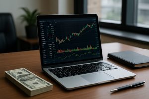 A laptop displaying a trading platform with financial graphs and a stack of US dollar bills nearby, set on a wooden desk