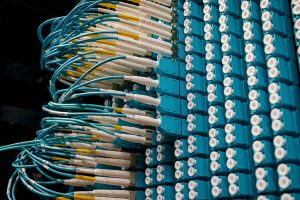 Detailed view of fiber optic patch cables connecting to a blue patch panel in a data center. — Review Fax-To-Email Services -